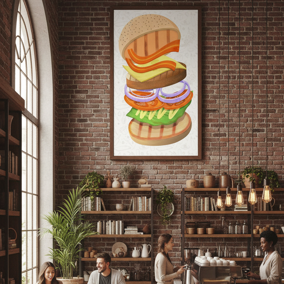 An illustration of a burger tossed in the air on the wall of a cafe.