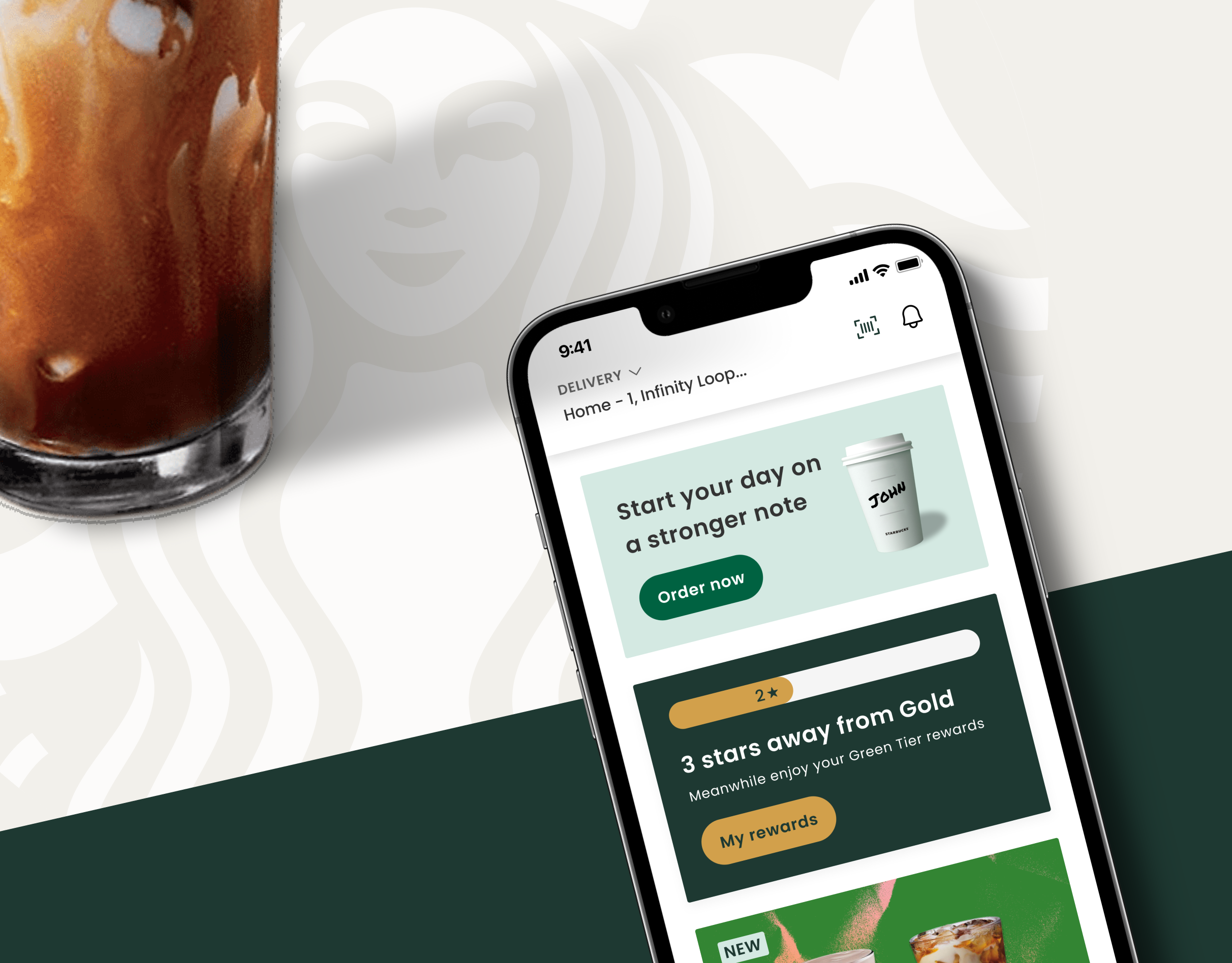 A mockup of an iphone and a coffee cup next to it.