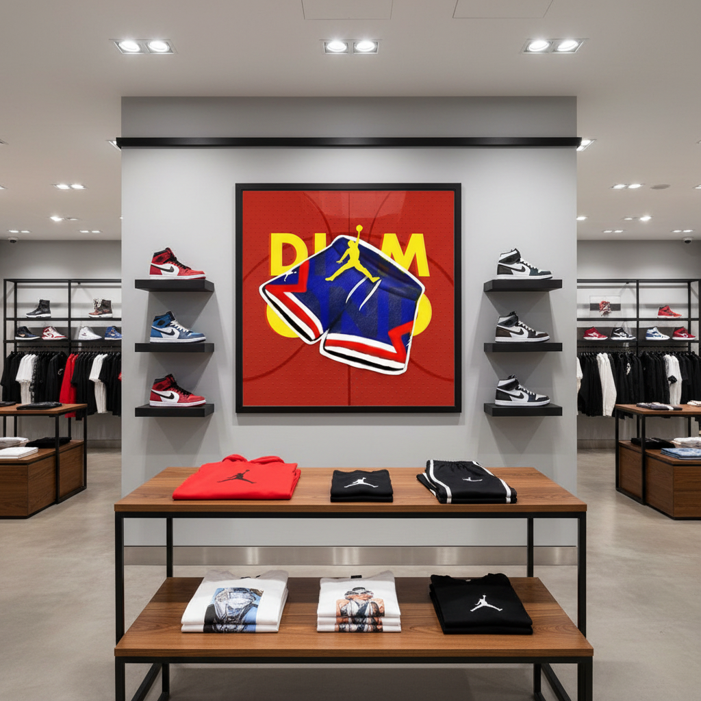 A photo of a store with an illustration of Air Jordan diamond shorts on the wall.