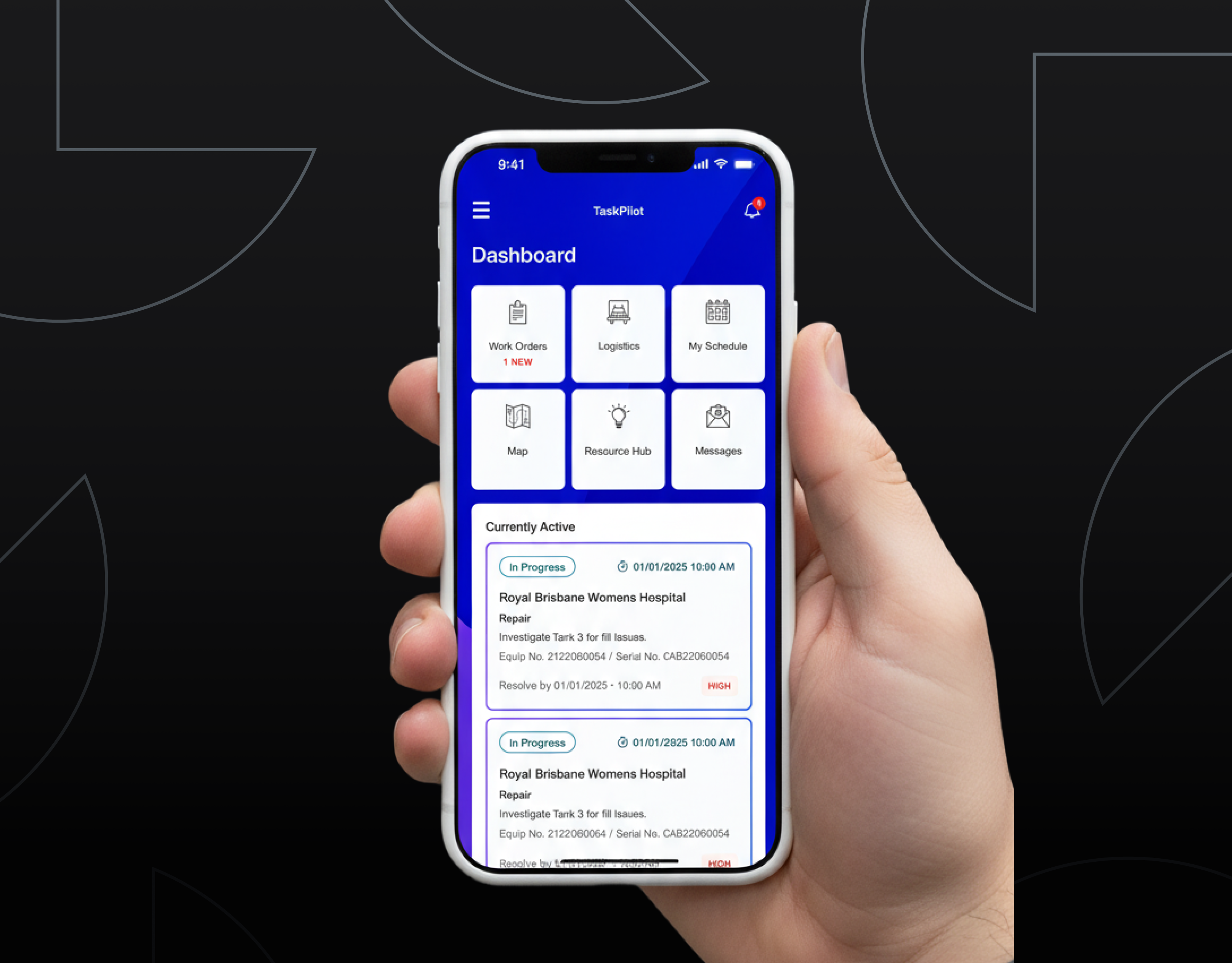 A mockup of a phone being held by a person.