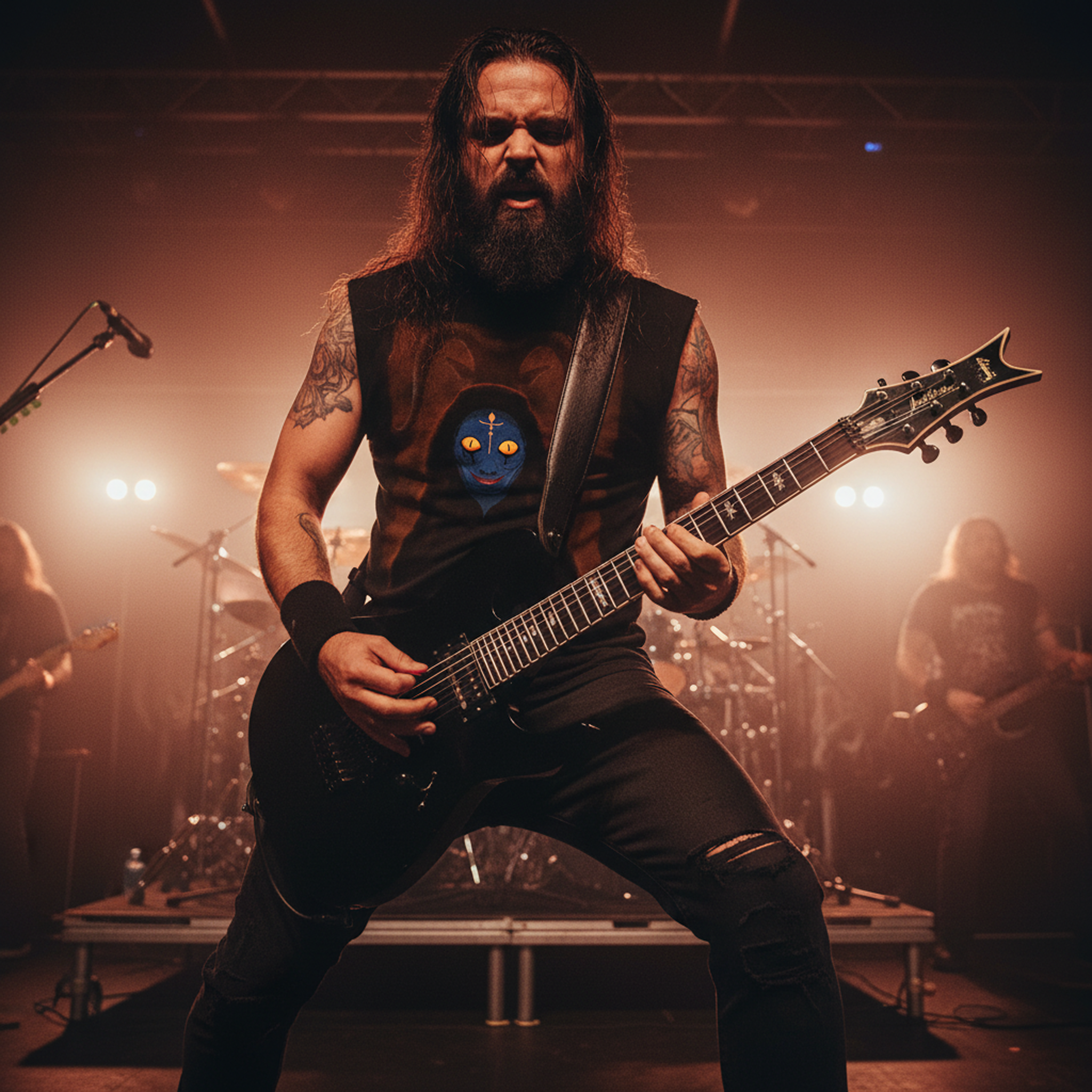 A heavy metal guitarist on stage wearing a t-shirt with an illustration of a demon.